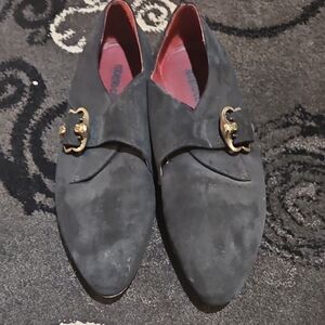 Gray and Gold Slip-On Loafers with Suede Material